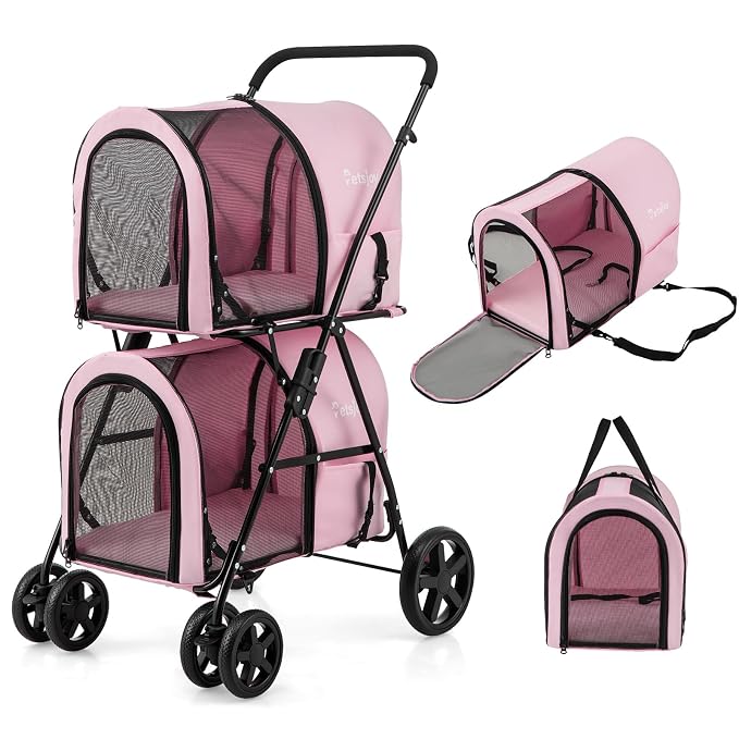 PETSITE Double Dog Stroller, Foldable Pet Stroller for 2 Dogs & Cats Small Medium Sized with Detachable Carrier on Wheels, Ideal for Car Seat Walking Camping Travel (Pink)