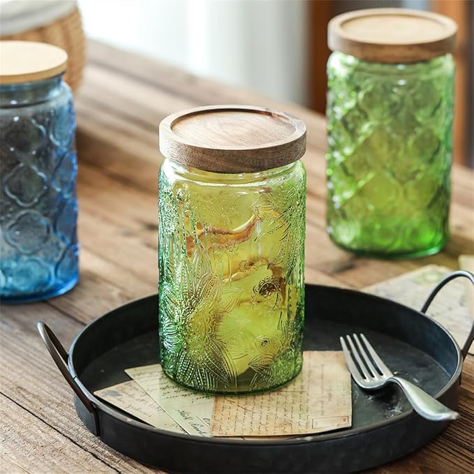 4 Pack Blue & Green Vintage Glass Jars, 34 oz Sunflower Canisters with Lids | Airtight Coffee Container, Tea Organizer, Cookie Holder, Candy Keeper, Nut Holder, Cereal Bin, Pantry Countertop Organization