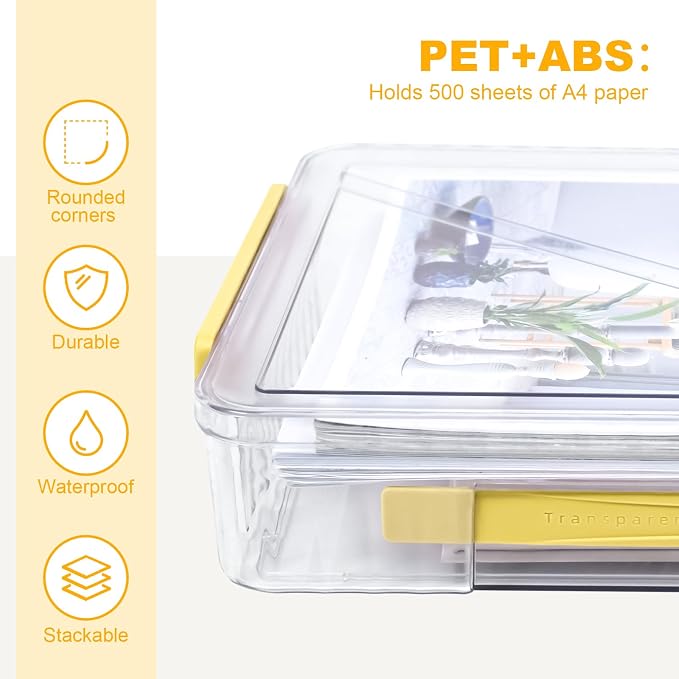 SAYEEC Clear File Storage Box Portable Project Case with Handle Plastic Storage Container with Lid Stackable Flat Storage Bin Document Magazine Protector Organizer for A4 Paper Photo Craft Scrapbook