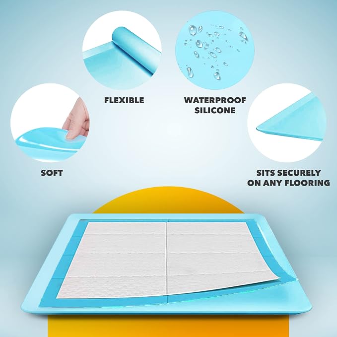 Dog Pee Pad Holder - Fits Up to 24” x 24” Pee Pad - 2 Pack - Sky Blue | Stable Grip, Raised Edges, Quick-Wipe Silicone Surface Dog Potty Tray Holder for Indoor Flooring Protection