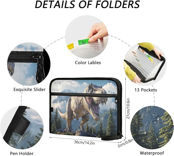 13 Pocket Zipper Expanding File Folder A4 Dinosaur | Accordion File Organizer with Front Pouch A4 Letter Size Portable Folders for Documents Receipt School Office Supplies