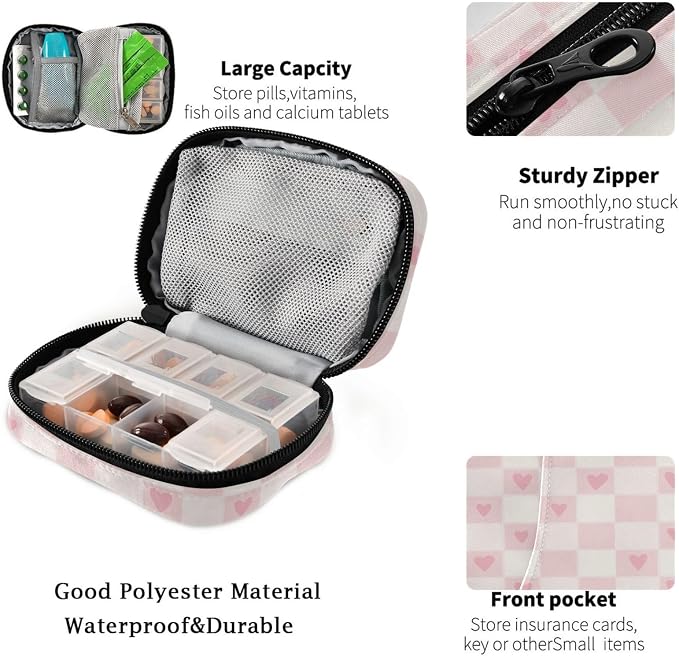 Fustylead Hearts on Pink and White Checkered Travel Pill Organizer Bag with Zipper Small Pill Box 7 Day Pill Case for Purse Storage Weekly Vitamin Medicine Supplement