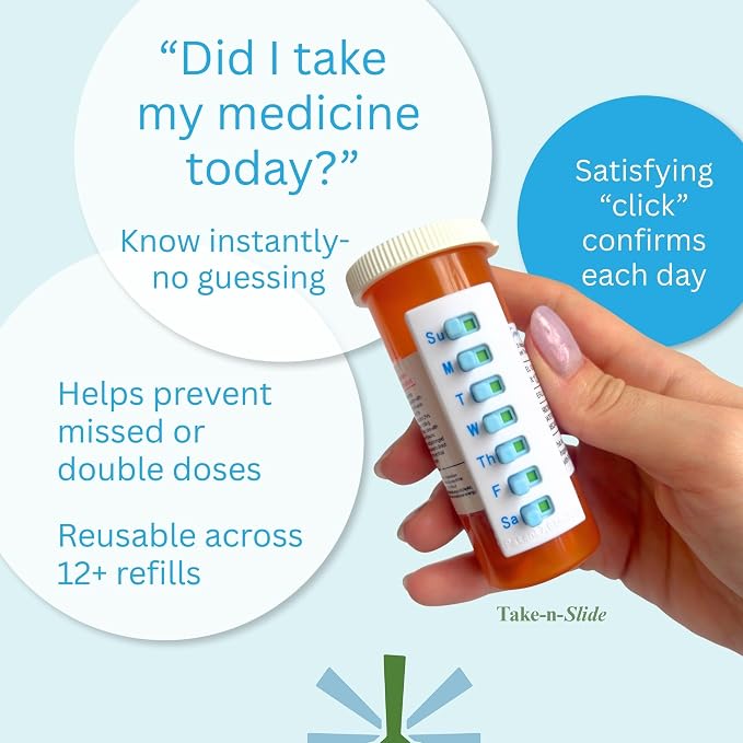 TAKE-N-SLIDE Peel and Stick Reusable for 12 + Refills, Pill/Medication/Vitamin/Pet Med Tracker & Reminder, Attach to Your Bottle, Organizer-Free, Curved‑Back (White, 2-Pack)