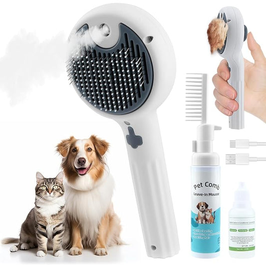 Pet Steam Brush for Dog & Cat, 3-in-1 Steam Grooming Comb - Dog Steam Brush for shedding, Brushes for Indoor Cats Steam for Shedding Hair Clean Hair Removal Comb, 1*Waterless Shampoo