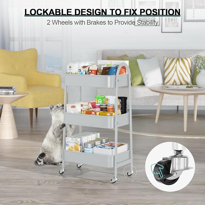 3 Tier Utility Rolling Cart, Metal Storage Cart with Handle and Lockable Wheels, Multifunctional Storage Organizer Trolley with Mesh Baskets for Kitchen, Living Room, Office, Garage (Grey)