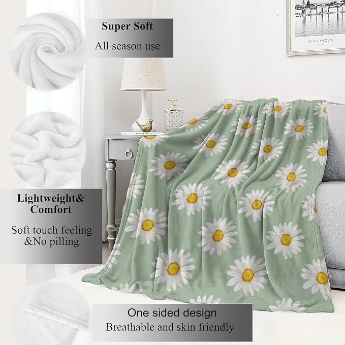 Daisy Blanket Butterfly White Floral Pattern on Mint Green Throw Blankets Gifts for Girls Women Lightweight Soft Fleece Cozy for Sofa Couch Bed Room Birthday Boho Spring Decor 50x60in