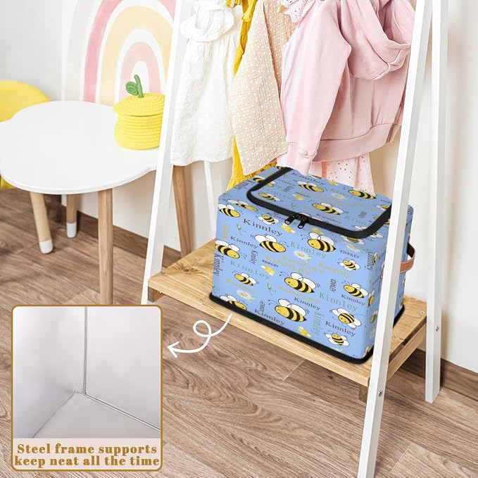 Personalized Name Storage Basket with Zipper Lid, Light Sky Blue Canvas Storage Bins Toys Clothes Organizer for Bedroom, Bathroom, Shelves, Closets, Bee with Daisy Floral