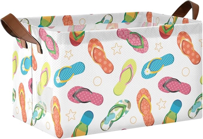 Beach Star Flip Flops Summer Slipper Storage Bins for Shelves with Labels&Handles Fabric Organizer Bin Foldable Rectangle Storage Basket Boxes for Closet, Bathroom, Home, Living Room, Laundry
