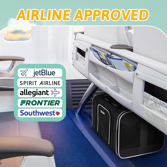 Small Pet Carrier 17" L x 12" W x 8.5" H Airline Approved, Black | for JetBlue/Frontier/Spirit Airlines, Lockable Safety Zippers and Anti-Scratch Mesh, Pets Under 8 lbs