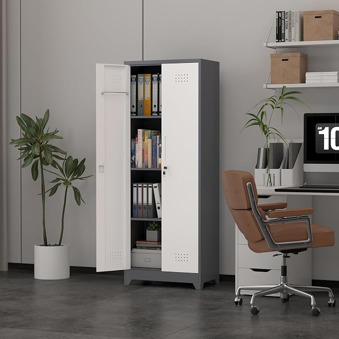 65" H Metal Garage Storage Cabinets with Doors and Shelves, Locking Cabinet, Broom Closet Storage Cabinets with Hanging Rod, Functional Tool Cabinet for Home, Garage, Kitchen
