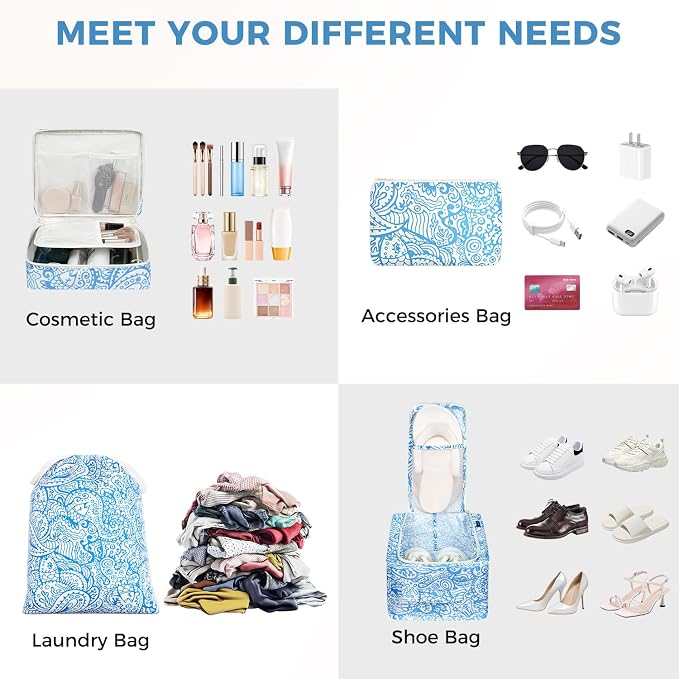 BAGAIL 8 Set Packing Cubes Luggage Packing Organizers for Travel Accessories-Blue paisley
