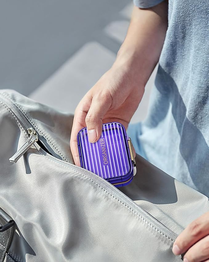 Acedada Small Pill Box, Travel Pill Organizer for Purse, Purple | 7-Compartment Moistureproof Pill Case, Daily Pill Container, Portable Medicine & Vitamin Holder for Fish Oil & Supplements