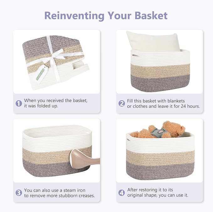 ECDYQXVU 15x10x9 Inch Woven Cotton Rope Storage Basket, 1 Pack | Foldable Design, Built-in Handles, Space-saving Organizer for Living Room, Bedroom, Laundry, Shelves, Clothes, Towels