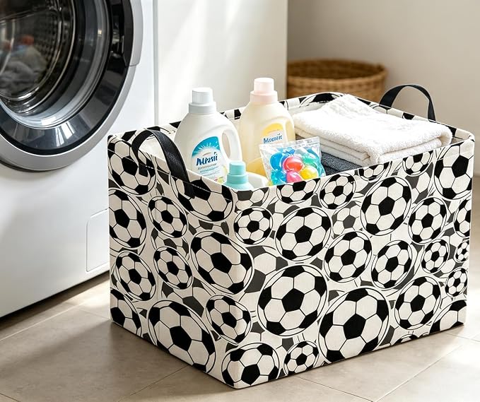 Rectangle Storage Basket with Handles,Collapsible Storage Bin, Gift Basket, Books Box, Room Decor(Soccer)