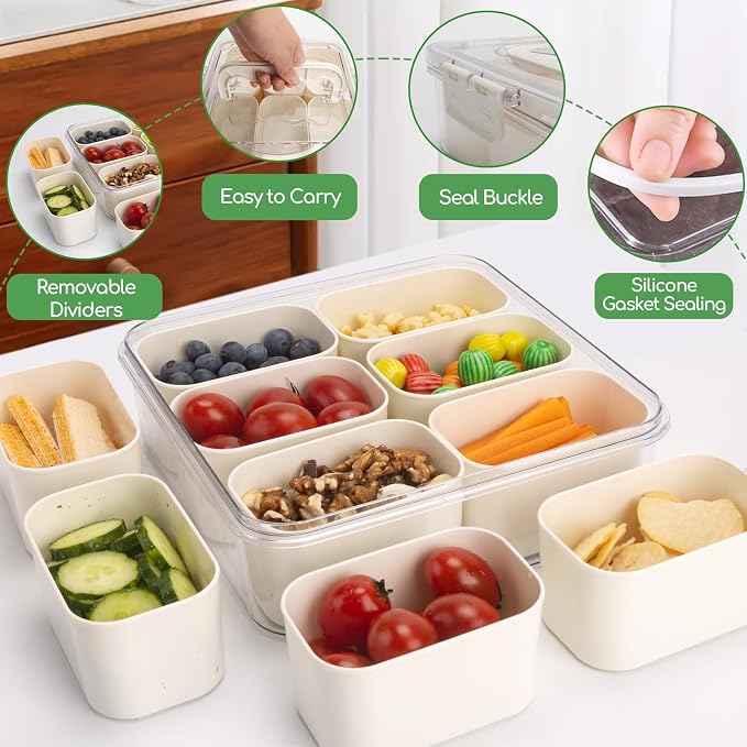 Small Snackle Box Snack Containers with Lids, 2 Pcs Divided Serving Tray | Portable Snack Platter Fruit Veggie Tray Snackele Box Container for Charcuterie, Party, Snack, Nuts, Beach, Travel, Picnic