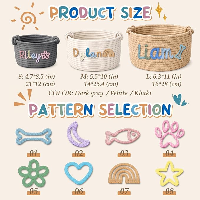 Personalized Dog & Cat Toys Bin with Name Custom Toy Storage Basket for Puppy Kitten Pet Supplies Organizer with Handmade Cotton Rope Name Gifts Basket for Pet Birthday Christmas