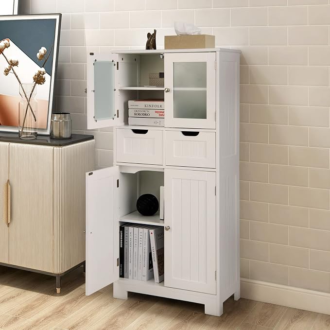 LOKO Bathroom Cabinet, Linen Storage Organizer with Doors & Drawers, Wooden Floor Cabinet with Adjustable Shelves for Bathroom, Living Room or Kitchen (White)