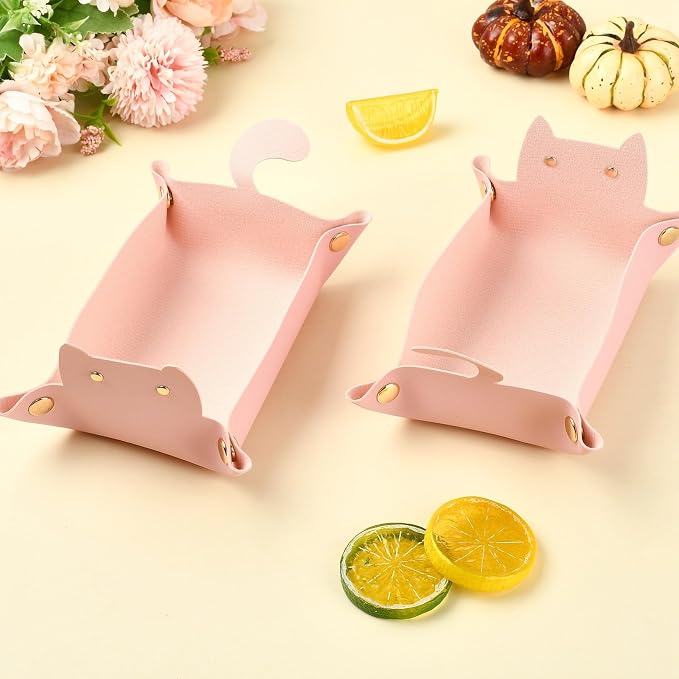 Craftdady 4 PCS Leather Valet Tray Foldable Pink Cat-Shaped Catchall Tray