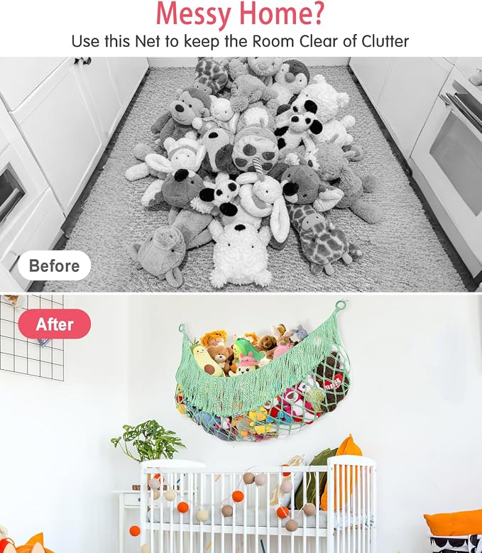 Stuffed Animal Hammock - Extra Large 63'' Long (Matcha green) | Premium Cotton Hand-knitted, Beautiful Long Tassel, Storage Hanging Organizer, Can Fit Stuffed Animals 40 Piece or More