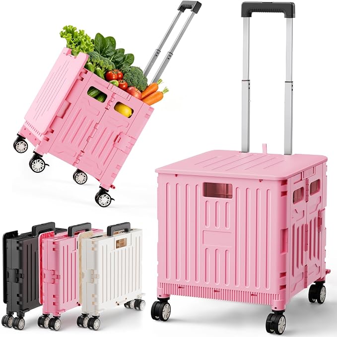 SUNALLY Folding Utility Cart Rolling Crate Handcart Shopping Trolley, Pink | Lockable Collapsible Tool Box with Lid, Rolling Crate With Wheels for Grocery, Travel, Garden, Shop, Office, Luggage, Teacher