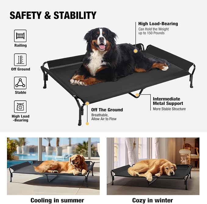 Veehoo Cooling Elevated Dog Bed, Raised Dog Cot with Guardrail & Headrest | Washable Dog Couch Bed for Indoor & Outdoor, Durable Breathable Teslin Mesh, Non-Slip Feet, XX Large, 63" x 37", Black