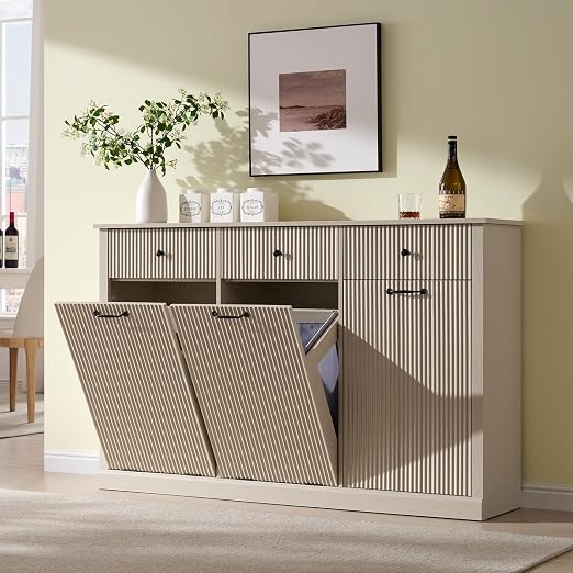 IFGET Triple Tilt Out Trash Can Cabinet, Modern Fluted Laundry Hamper Cabinet with 3 Drawers, 20 Gallon Hidden Wooden Garbage Can Cabinet w/Storage Basket & Adjustable Shelf, for Kitchen, Cream