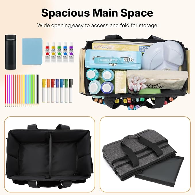 Craft Organizer Tote Bag, Art Storage Caddy with Multiple Pockets | Art Supplies Storage, Sewing Bag, Scrapbooking for School, Home and Office (Grey)