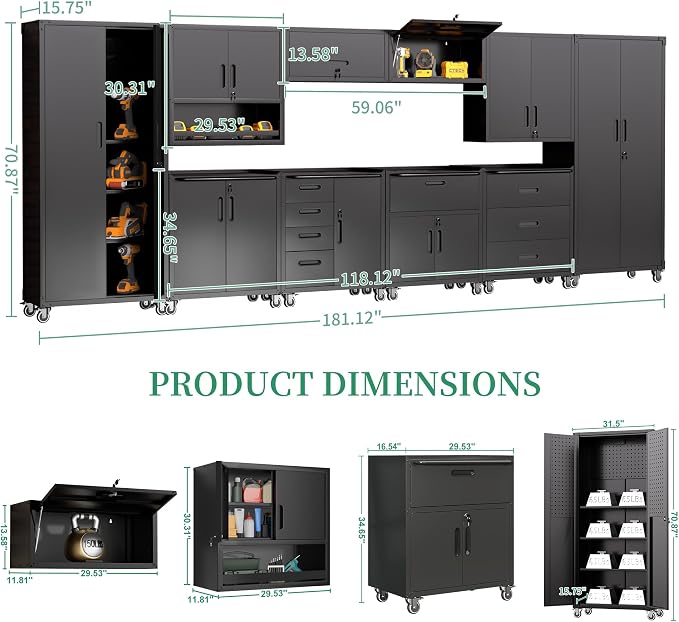 10-Piece Heavy Duty Steel Garage Cabinet System | All-in-One Modular Garage Cabinet Set for Ultimate Workshop Organization | Easy Assembly Garage Storage Cabinets & Tool Bench (Black)