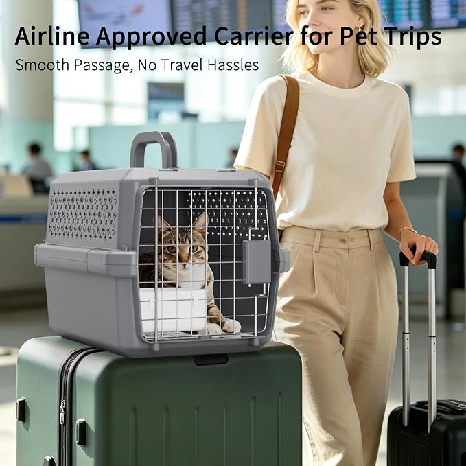 Airline-Approved Pet Carrier: Hard-Sided Crate for Cats & Dogs | Secure Metal Locking Door / Multi-Side Ventilation / Top Carry Handle / Lightweight Durable Shell / Includes Travel Bowl