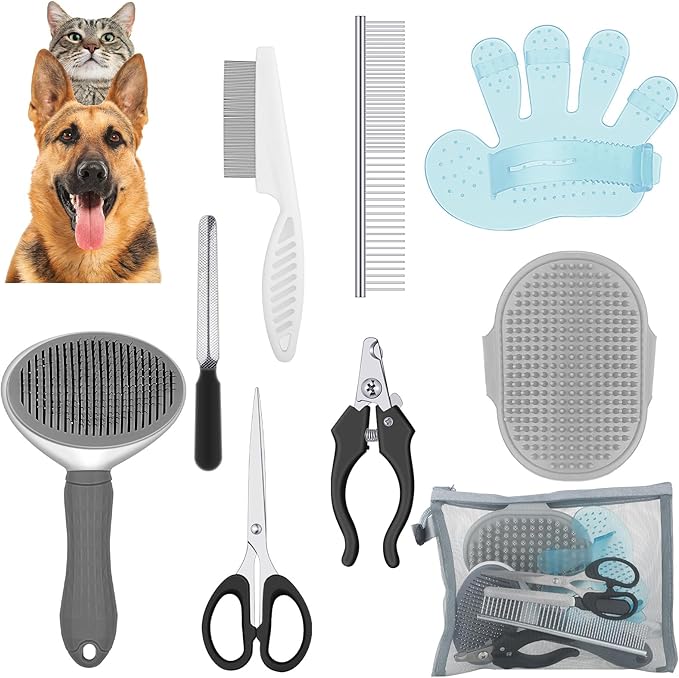 Yaomiao Dog Brush Grooming Kit 9 Pcs Kit with Pet Nail Clipper and File Cat Grooming Deshedding Undercoat Rake Comb for All Breeds Sizes Promotes Healthy Skin Coat(Classic Color)