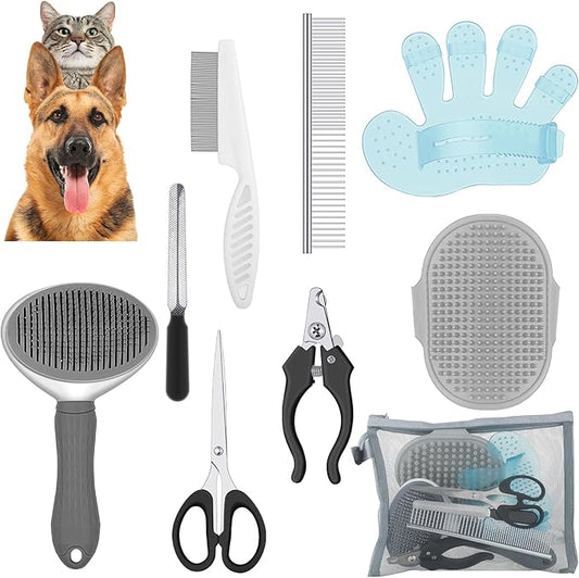 Yaomiao Dog Brush Grooming Kit 9 Pcs Kit with Pet Nail Clipper and File Cat Grooming Deshedding Undercoat Rake Comb for All Breeds Sizes Promotes Healthy Skin Coat(Classic Color)