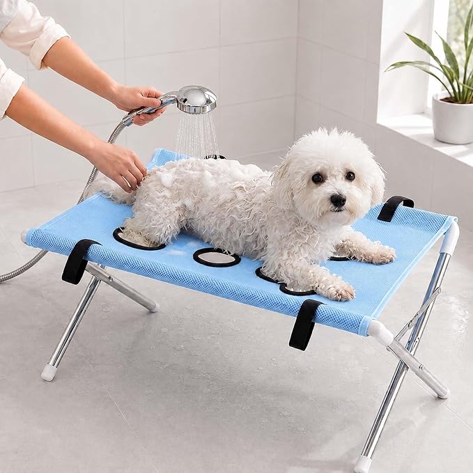 Foldable Pet Bathing Stand, Portable Dog Grooming Rack for Home Care (Blue) | Quick Dry Mesh Grooming Table with Stable Anti-Slip Design for Small Medium Dogs & Cats, Nail Trimming and Bath Care