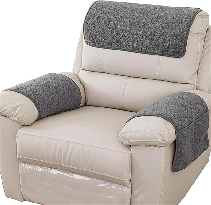 Sherpa Fleece Armrest and Headrest Covers with 2 Pockets | Soft fleece with nonslip silicone backing helps protect leather and fabric furniture from pet scratches machine washable