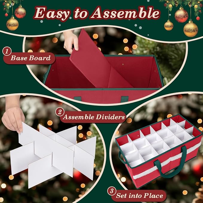 Christmas Ornament Storage Box with Adjustable Dividers Zippered Top Stores up to 54 Holiday Ornaments (4 Inch) Xmas Ball Decorations Organizer Storage Container Bin