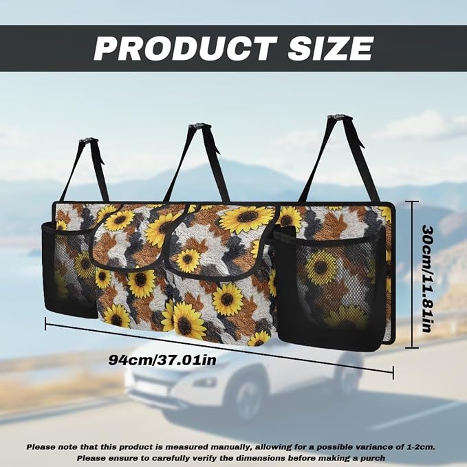 Cow Print Car Trunk Organizer Sunflower Back Seat Car Organizer Dust-Proof Heavy-Duty Trunk Storage with Adjustable Straps