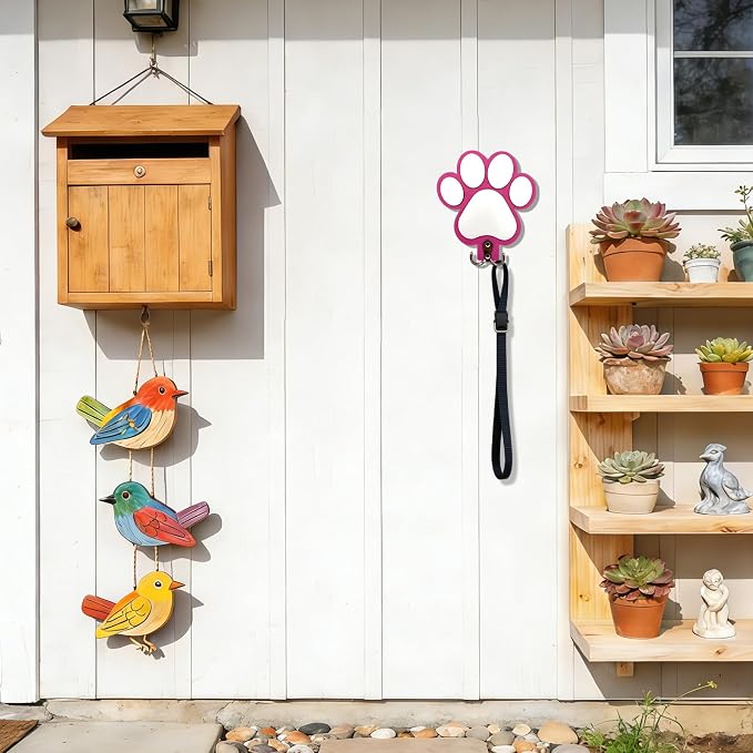 Rustic Wooden Dog Leash Holder Wall Decoration, Cute 3D Puppy Paw Wall Mount Hanger Organizer Hooks for Home Decor, Farmhouse, Coat Rack, Keys, Harness, Collars, Entryway, Pet Lover Gift (Pink)