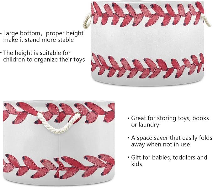 DOMIKING Large Storage Basket for Toys Baseball Line White Storage Bin Box Kids Laundry Hamper for Nursery Clothes Toys Books Home Decor