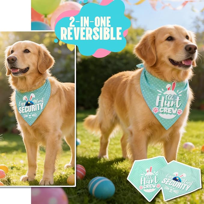 Easter 2-in-1 Dog Bandanas with Cute Egg Hunt Crew & Security Roles for Easter Game, Mint Green Pet Holiday Costumes Scarf with Snap Button, Large to Giant Breeds (75lbs+)