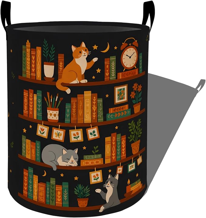 Vintage Cat Bookshelf Laundry Basket, Retro Book Clock Floral Star Storage Hamper, Round Collapsible Waterproof Cloth Bin, 19.7x15.7 Inch Cute Clothes Organizer Gifts for Bathroom Decor