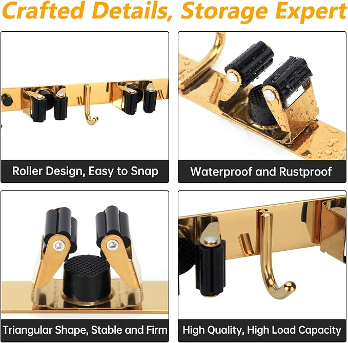 3 Racks and 4 Heavy Duty Hooks Mop and Broom Holder Wall Mount, Non-slip Organizer Storage Utility Tool Racks for Garage,Kitchen,Laundry Room,Garden. Gold