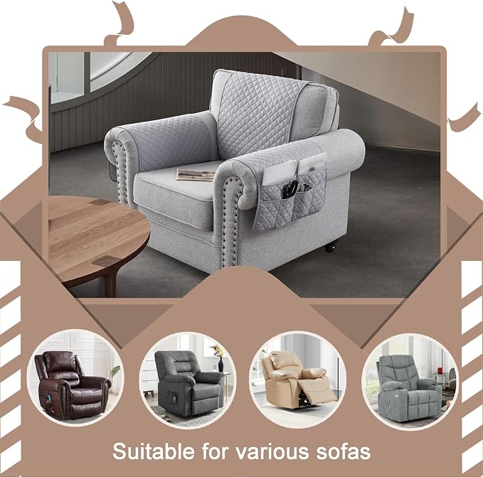 Water-Resistant Sofa Armrest and Headrest Covers with Side Pocket | Keep remotes close quilted polyester helps guard against wear, pet scratches, and kids' messes silicone backing adds grip
