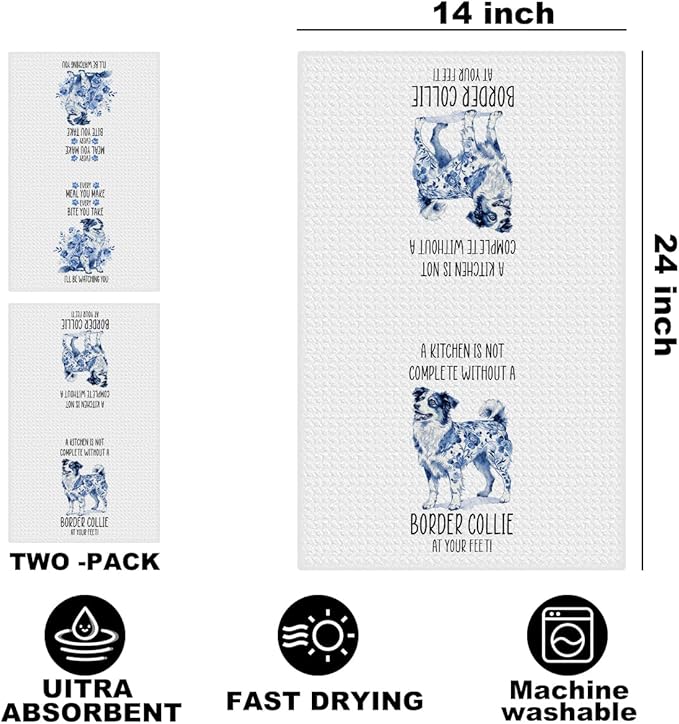 2 Pcs Chinoiserie Border Collie Kitchen Towels 24x14 Inch, Border Collie Gifts Reusable Dish Towels for Kitchen Decor, Blue and White Floral Waffle Weave Hand Towel, Funny Dog Gifts for Women Mom