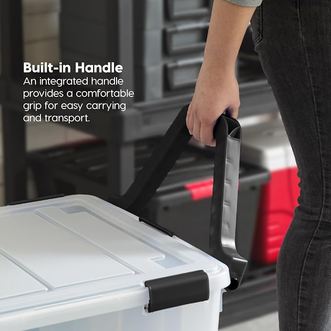 IRIS USA Storage Bins with Lids, WeatherPro Wheeled 106 Qt, Plastic, 3 Pack | Weather-tight gasket, wheels, and secure latches protect camping gear, tools, holiday décor, clothing, and documents.