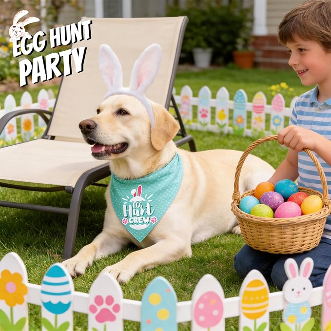 Easter 2-in-1 Dog Bandanas with Cute Egg Hunt Crew & Security Roles for Easter Game, Mint Green Pet Holiday Costumes Scarf with Snap Button, Large to Giant Breeds (75lbs+)