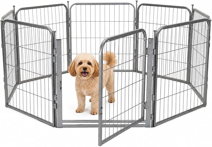 Dog Play Pen for Outdoor Use - 24'', 8 Panels for Small and Puppy Size Dogs - Portable Playpen Pet Fence for RV, Camping, and Yard - Heavy Duty Kennel w/Grey Rust Resistant Coating