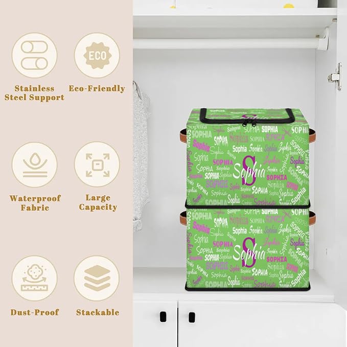 Custom Storage Baskets for Kids with Name, Light Grass Green Background Large Foldable Organizer Collapsible Storage Bin with Zipper Lid Leather Handle for Home Toys Closet Nursery