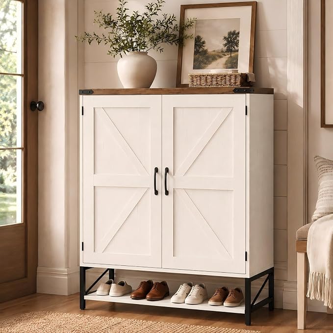 VINGLI Farmhouse Shoe Cabinet for Entryway, 32" Antique White Shoe Storage Cabinet with 2 Barn Doors, Large Capacity Shoe Organizer with Adjustable Shelves for Foyer, Bedroom, Closet