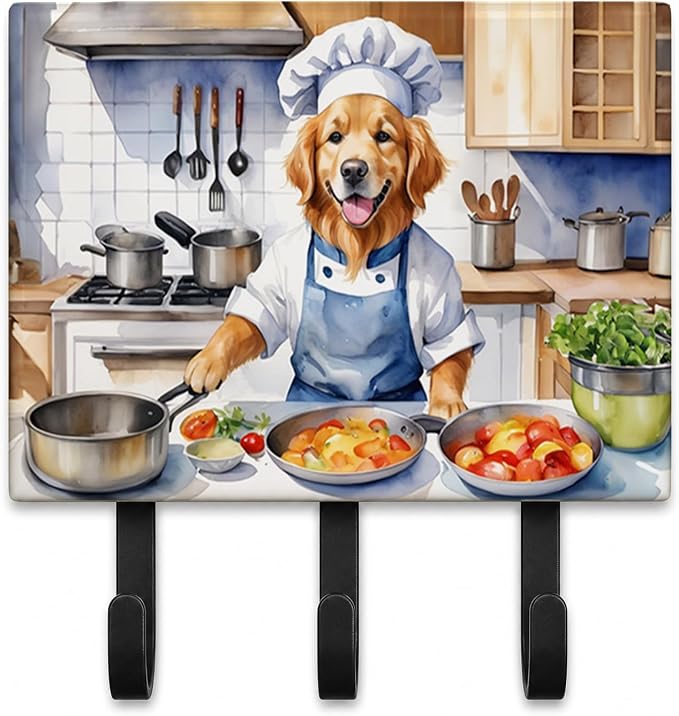 Caroline's Treasures Golden Retriever The Chef Leash or Key Holder Wall Hooks, Key Hooks Holder, Coat Rack Wall Mount, Coat Hooks, Hooks for Hanging Keys, Towels, Aprons, Leashes | Golden Retriever The Chef artwork on ceramic tile with three steel hook...