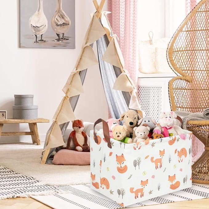 Rectangle Fox Basket,Collapsible canvas waterproof storage basket,Toy Organizer,Laundry Baskets for Kid Rooms,Baby Room decor,Toy Baskets,Woodland Nursery Decor(Fox)