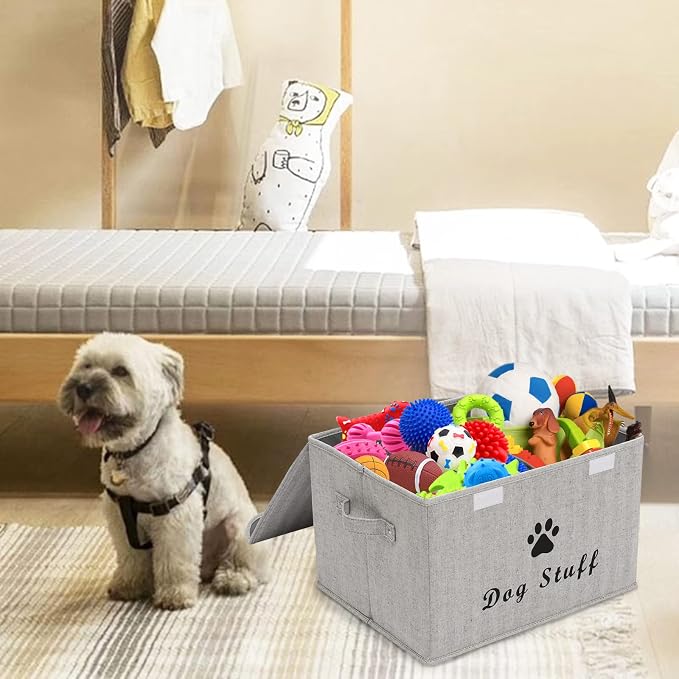 Large Storage Boxes - Large Linen Fabric Foldable Storage Cubes Bin Box Containers with Lid and Handles for Dog Apparel & Accessories, Dog Toys, (Striped Gray)